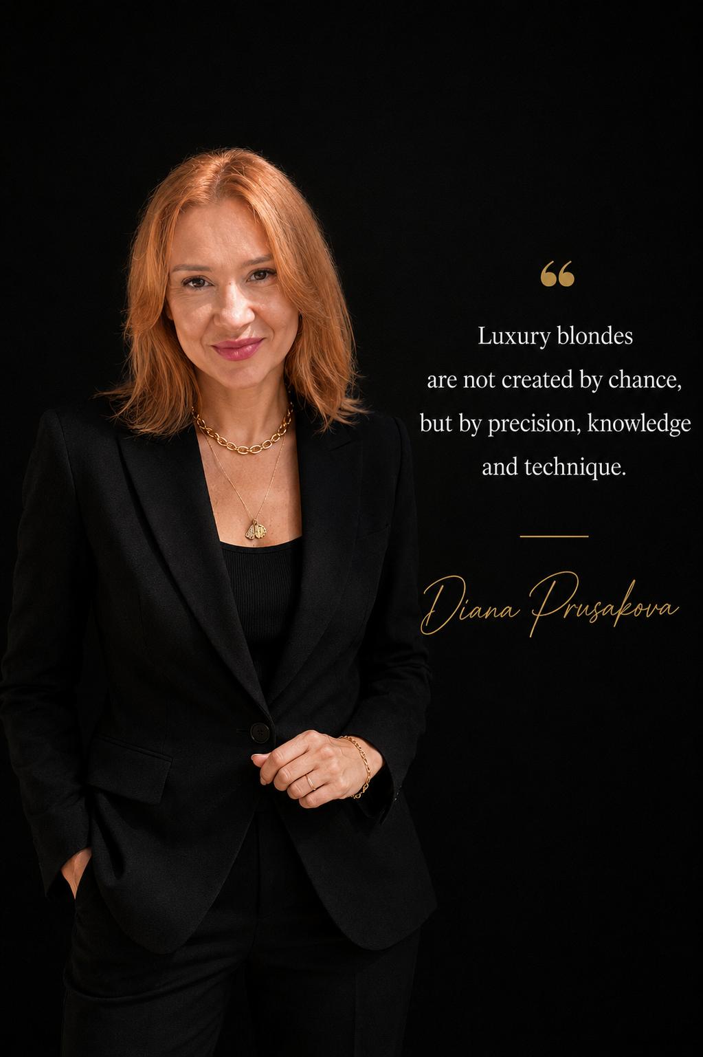 Diana Prusakova — Educator, Blonde Specialist, AirTouch Expert. Quote: Luxury blondes are not created by chance, but by precision, knowledge and technique.